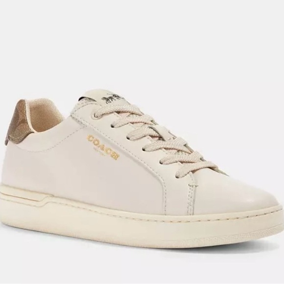 NEW COACH Women's Clip Leather Low Top White and Tan Logo Sneakers 10 - Picture 2 of 7